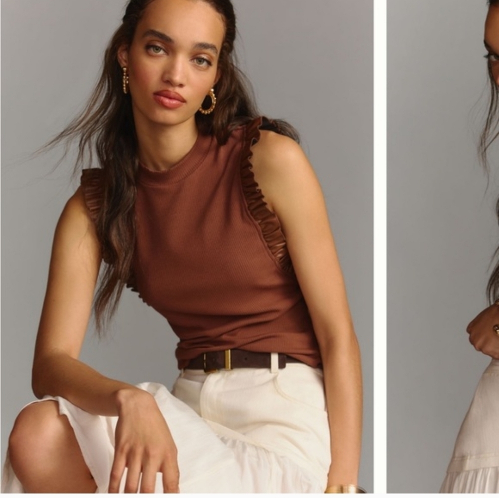 Sunday in Brooklyn Ribbed Mock Neck Faux Leather Ruffle Sleeve Top Brown Medium